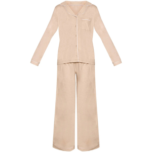 Conjunto de pijama transpirable con cuello vuelto para mujer, ropa de dormir de poliéster liso, camisón con botones para mujer - Product Image 1