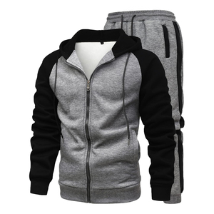 Ensemble de survêtement décontracté pour homme, noir et gris, à capuche, manches longues, fermeture éclair, couleur unie, respirant, coupe régulière, idéal pour l'automne - Product Image 4