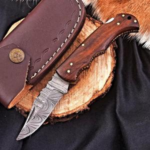 Nordic Forge Industrial Grade Damascus Steel Folding Blade Knife Rosewood Handle Leather Sheath Pocket EDC Hunting Camping Knife - Product Image 1