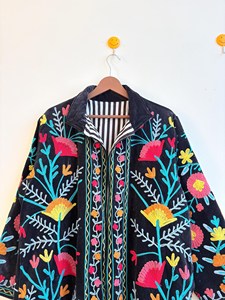 Velvet Suzani Embroidery Floral Pattern Long Robe Indian Women Free <b>Size</b> 100% Cotton Drawstring Closure - Product Image 4