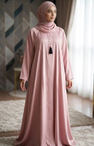 Abaya Maxi Romantique Nida en Crêpe Acrylique Infroissable à Motif Imprimé 3D, Fermeture Avant, Plissée, Boutons en Cristal, Coupe Longue et Ample - Product Image 1
