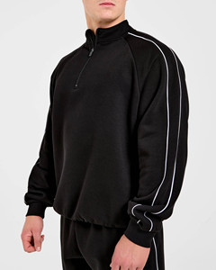 Wholesale OEM Custom <b>Black</b> High Neck <b>Men's</b> Half Zip Piping Hoodie Cotton Blended Breathable Tracksuit Streetwear Hoodie For <b>Men</b> - Product Image 6