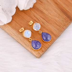 Brass Gold Plated <b>Drop</b> Tanzanite & <b>Rainbow</b> Moonstone Earrings Handmade Gemstone Jewelry for Women - Product Image 2