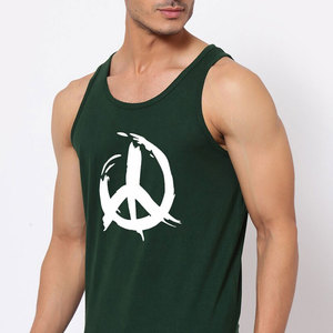 Men's Green Tank <b>Top</b> With <b>White</b> Peace Symbol Print O-Neck Casual Style Breathable Cotton Workout Wear - Product Image 5