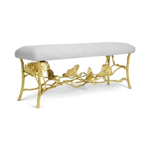 saleem international 2026 Luxury Upholstered <b>Bench</b> with Gold <b>Metal</b> Ginkgo Leaf Base Decorative Entryway or Bedroom Seating - Product Image 1