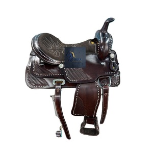 Western Brown Leather Basket Hand Tooled Barrel Racing Horse Saddle Flower Conchos Suede Seat Metal Studded 10" 18" LLT - Product Image 1