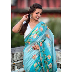 Sari traditionnel d'hiver en soie Chanderi bleu ciel, imprimé Pichwai, avec bordure tissée Zari, vêtements indiens et pakistanais - Product Image 3
