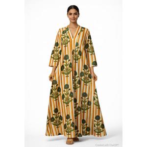 Robe longue en coton imprimée à la main pour femme, motif floral rayé moutarde, coupe ample, col en V - Product Image 1