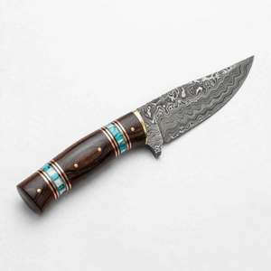 Couteau utilitaire artisanal en acier Damas avec incrustation turquoise et manche en bois foncé – Outil spécialisé - Product Image 1