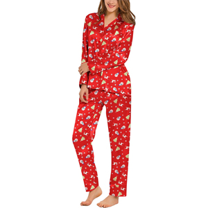 Women's Red Satin Christmas Pajama Set Long Sleeve Full Length Printed Reindeer Snowman Pattern Soft Cozy Winter Sleepwear - Product Image 4