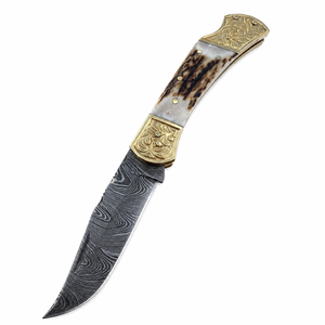 Cuchillo Plegable Industrial Hecho a Mano DIY con Hoja de Acero de Damasco (Fondo Recto) de 3mm, Mango de Cuerno y Latón, Punta Caída, Cuero OBM - Product Image 1