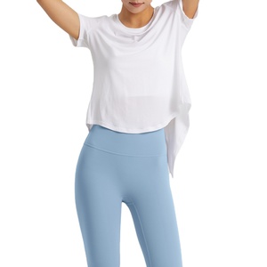 Wholesale Anti-Bacterial Breathable Lightweight Regular Fit <b>Womens</b> Short Sleeve Yoga <b>Tops</b> Spandex/Polyester Workout Quick - Product Image 2