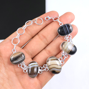 Bracelet à maillons en agate rayée naturelle, best-seller, ovale, en argent sterling 925 plaqué, bijoux faits à la main, tendance pour femmes - Product Image 4