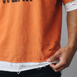 Oversized Distressed <b>Orange</b> T <b>Shirt</b> Double Layer Sleeve O Neck Streetwear Letter Graphic Tee Summer Fashion Distress Tee <b>Men</b> - Product Image 5