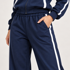 Conjunto de Chaqueta Deportiva Retro Azul Marino para Mujer, con Cierre Completo, Cuello Alto, Paneles Curvos en Contraste, Pantalones Deportivos Anchos y Holgados, OEM - Product Image 4