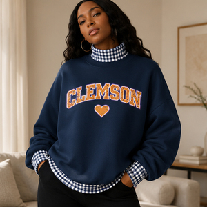 Sweat-shirt gris pour femme, style universitaire Clemson, avec appliqué graphique personnalisé OEM, motif cœur, vente en gros - Product Image 5