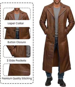 Veste en cuir noir sur mesure pour homme, respirante, épaisse, col en V, à un seul bouton, long manteau trench avec doublure en laine amovible - Product Image 3