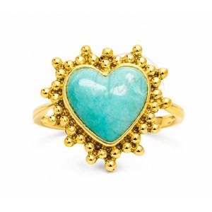 Magnifique bague halo en or plaqué 18 carats avec pierre précieuse Larimar en forme de cœur, faite à la main, style bohème, bijou tendance. - Product Image 2