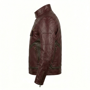 Burgundy Oxblood Asymmetrical Zip <b>Leather</b> <b>Biker</b> <b>Jacket</b> Men Maroon Diagonal Zipper Motorcycle Outerwear Darkry Wholesale - Product Image 4