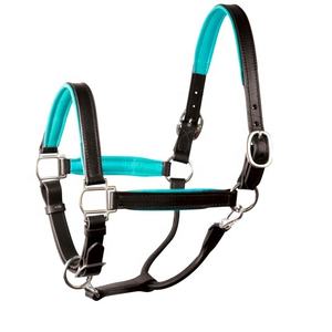 Halter de cheval en cuir véritable de qualité Supper avec bandeau nasal et cou rembourrés en néoprène souple bleu clair à un prix abordable - Product Image 1
