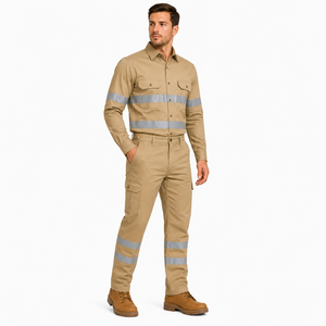 Unisex Hi Visibility <b>Waterproof</b> Workwear Uniform Long Sleeve Shirt Cargo Pants Set Reflective Tape Beige Cotton <b>Work</b> Suit - Product Image 3