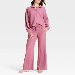 Pantalones de Punto Anchos de Color Rosa para Mujer, Cintura Media con Cordón, Estilo Casual, Largos, Color Sólido, Corte Holgado, 100% Algodón, para Otoño - Product Image 3