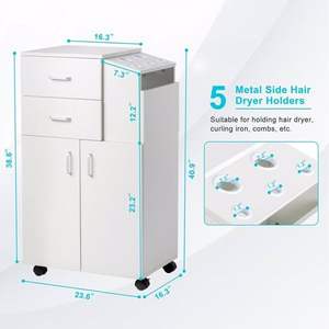 Carrello da Salone Bianco con 5 Supporti per Asciugacapelli, 2 Cassetti e 1 Ampio Armadietto, Carrello Mobile con Ruote - Product Image 2