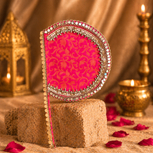 Abanico de Mano de Alta Calidad Marca Rangrata para Bodas, con Tela Brocada, Perlas y Piedras Decorativas, Abanico Tradicional Indio para Novias - Product Image 4