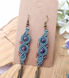 Handmade Macrame Amethyst Feather <b>Earrings</b> Boho Ethnic Crystal <b>Dangle</b> Statement Jewelry for Women - Product Image 2