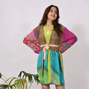 Women's <b>Boho</b> Beach Woven Silk <b>Long</b> Sleeve Wrap <b>Dress</b> Summer Party Wear Handmade Floral Print Short <b>Dress</b> - Product Image 1