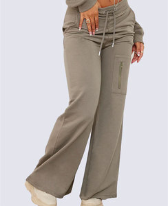 Women's Gray Cropped Hoodie Tracksuit Set Full Length <b>Flare</b> Pants Drawstring Waist Casual Autumn Wear Solid Color 2 Piece Outfit - Product Image 3
