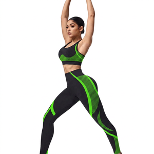 Women Solid 2Pcs Yoga Set High Waist Leggings Sports Bra Racerback Neck Full Length - Product Image 5