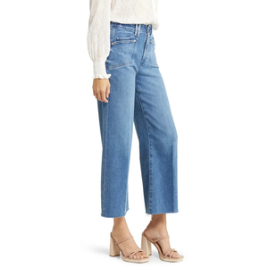 High Waist Womens Wide Leg <b>Denim</b> Jeans Patch Pocket Cropped Raw Hem Blue <b>Stretch</b> Pants Streetwear Style - Product Image 2