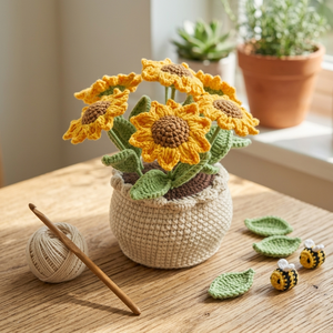 Pot de fleurs tournesol en crochet fait main en gros avec fleurs en fil tricoté, fleurs amigurumi, décoration de bureau à domicile, cadeau - Product Image 1