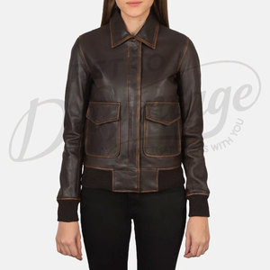 Women Brown Distressed Real <b>Leather</b> <b>Jacket</b> Shirt Collar Slim Fit Premium Sheepskin Casual Winter Bomber Outerwear Fashion Coat - Product Image 4