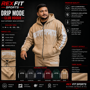 REXFITSPORTS 2026 Sweat à capuche zippé intégral pour homme, beige, avec motif, 280-300 GSM, en coton et polyester molletonné, streetwear personnalisé - Product Image 1