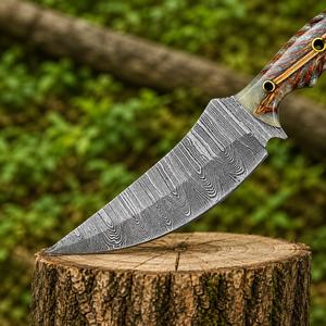Couteau Skinner en acier Damas avec manche en résine de cône de pin et étui en cuir artisanal, couteau à lame fixe personnalisé pour le camping en plein air - Product Image 2
