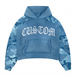 Sweat à capuche unisexe personnalisé bleu uni en polaire délavée pour l'hiver, coupe oversize décontractée avec poche avant et motif imprimé - Product Image 1