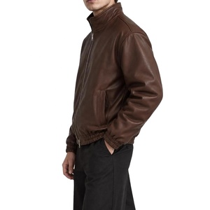Premium Quality Brown <b>Leather</b> <b>Bomber</b> Jacket <b>Men</b> Stand Collar Zipper Closure Casual Autumn Wear Regular Length Solid Color - Product Image 4