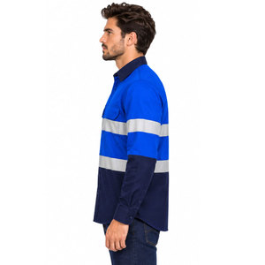 Camisa de Trabajo de Manga Larga para Hombre, Color Azul Marino, con Bloques de Color, Rayas Reflectantes, Bolsillo, Tejido de Poliéster y Algodón, Transpirable, Diseño Sólido - Product Image 5