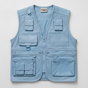 OEM Service <b>Light</b> Blue Leather Uniform Utility Vest Sleeveless Multiple Pockets V-<b>Neck</b> Cargo Pocket Style Unisex All Seasons - Product Image 1