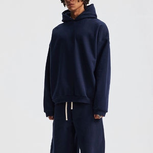 Sweat-shirt à capuche surdimensionné pour homme, bleu marine, manches régulières, couleur unie, style décontracté, tissu en molleton français tricoté, style automne - Product Image 4