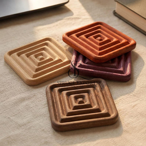 3D Grooved Wooden <b>Coasters</b>. Multi-Colour Square Shape Spiral Design <b>Drink</b> Mats <b>For</b> Modern Kitchen And Tea Table Decoration - Product Image 1