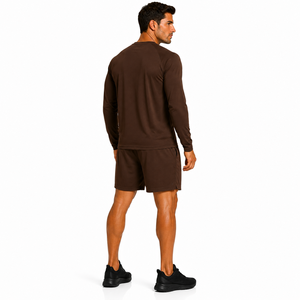 High Quality Men Short <b>Set</b> Plain Stretch Long Sleeve Crew Neck Top Matching Shorts Two Piece Short <b>Set</b> Solid Color Active Wear - Product Image 6