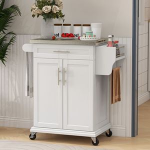 Isola da Cucina Moderna Bianco Crema su Ruote, Carrello da Cucina in Rovere con Cassetto, Portasciugamani in Acciaio Inossidabile, Piano di Lavoro per Sala da Pranzo - Product Image 2