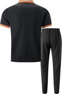 Men's Black Polyester Tracksuit Short Sleeve <b>Polo</b> Shirt With <b>Orange</b> Collar And Drawstring Pants Casual Summer Wear - Product Image 6