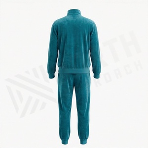 Survêtement unisexe en velours vert sarcelle, fermeture éclair intégrale, col montant, molletonné, décontracté, couleur unie, poches latérales, pour l'automne - Product Image 2