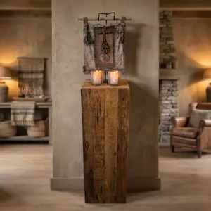 Grande table d'appoint rustique en bois, piédestal en bois recyclé naturel, décoration intérieure, meubles de salon - Product Image 3
