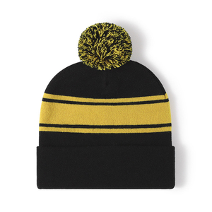 Unisex Striped Beanie <b>Hat</b> With Pom-Pom Knitted Winter <b>Cap</b> Casual Style 100 Acrylic Cuffed Design For Adults 56-58CM Head - Product Image 2