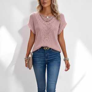 Suéter de Punto para Mujer, Color Azul Marino, Manga Murciélago, Cuello Redondo, Manga Corta, Casual, Color Sólido, Algodón Suave, Largo Regular - Product Image 1